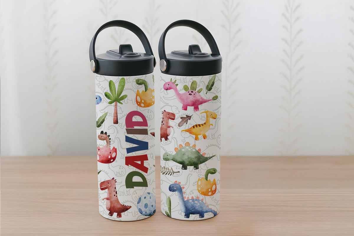 Custom Name Cute Dinosaurs Design Tumbler With Straw, BPA Free Kids Water Bottle