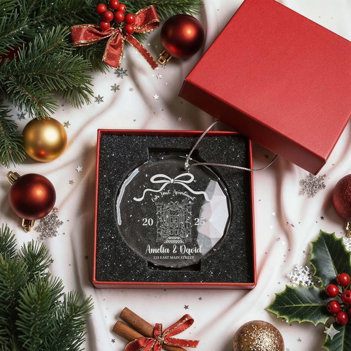 Our First Apartment Glass Ornament, Personalized Address Christmas Keepsake