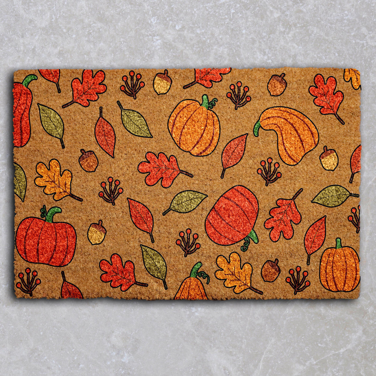Doormat with autumn leaves, pumpkins and acorns