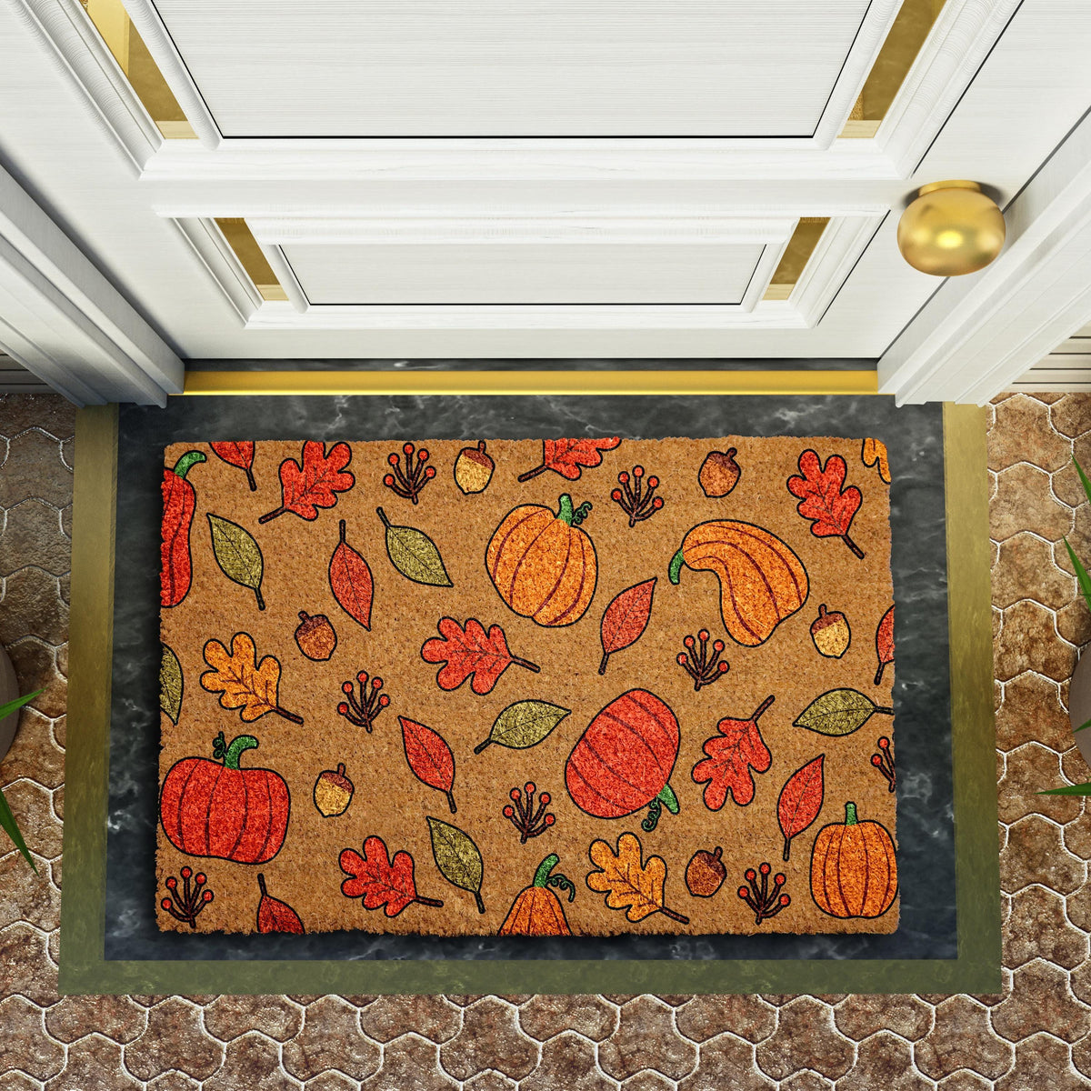 Doormat with autumn leaves, pumpkins and acorns