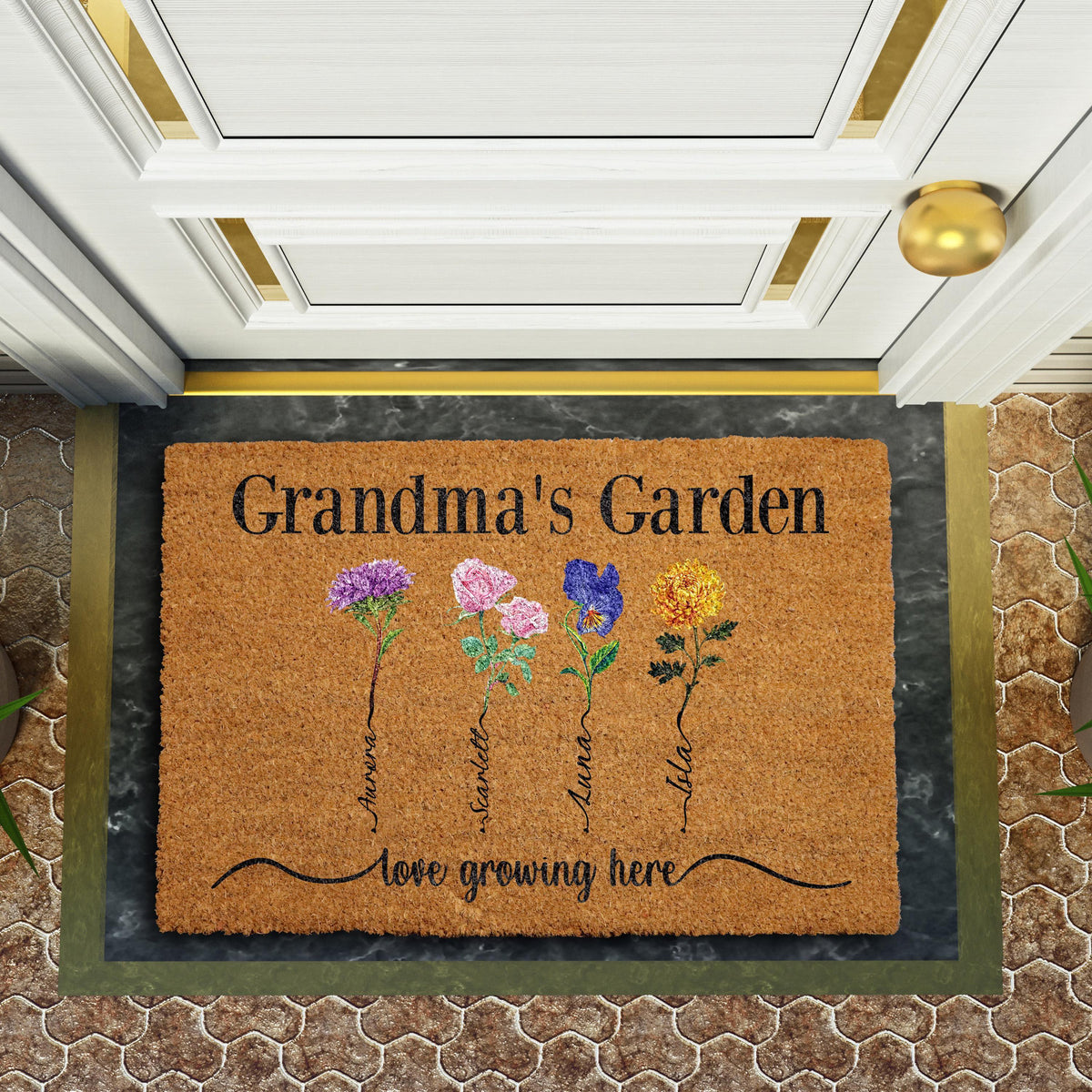 Personalized Grandma's Garden Doormat, Birth Flower Design Grandkids Welcome Mat