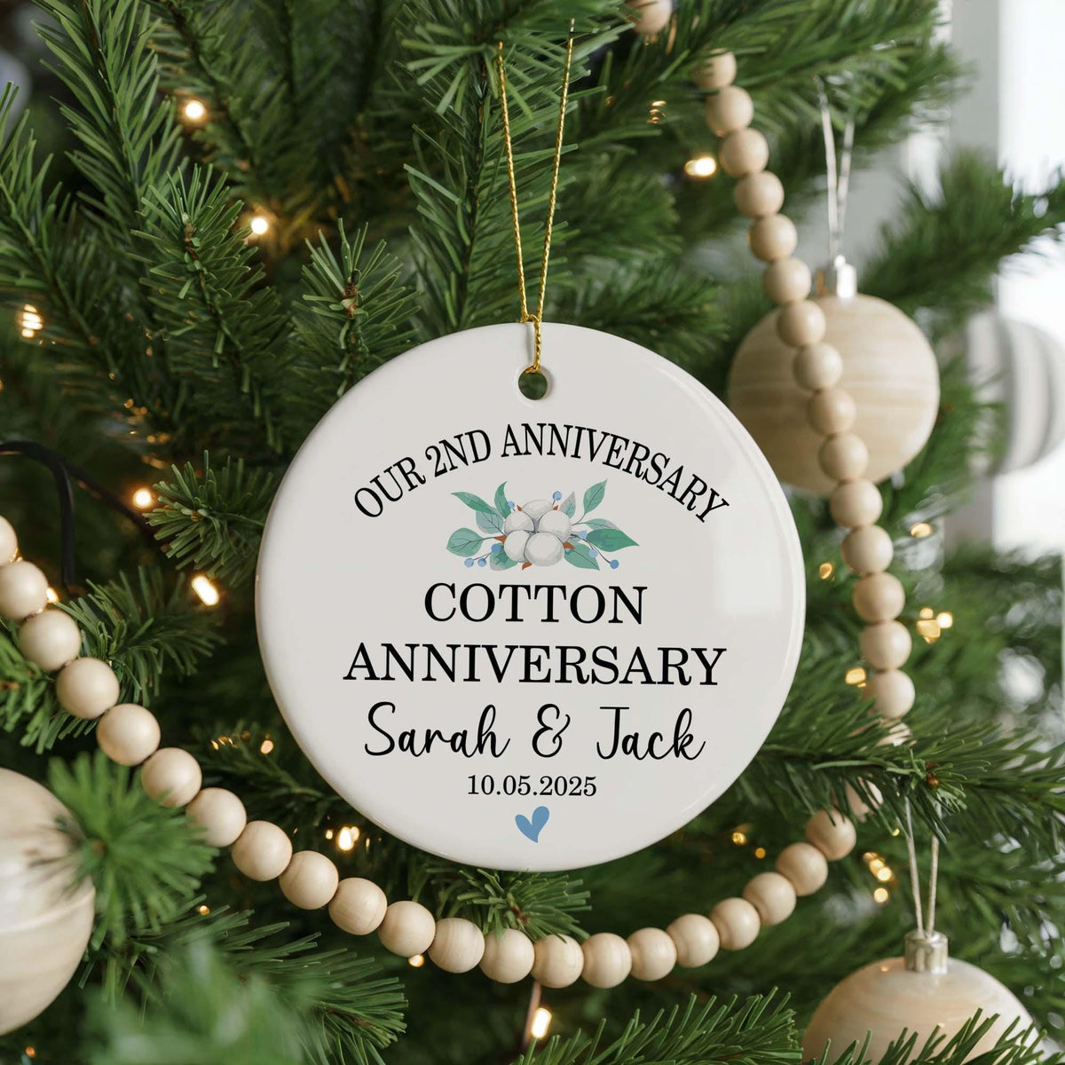 Personalized Ceramic 2nd Anniversary Ornament, Custom Couple Names