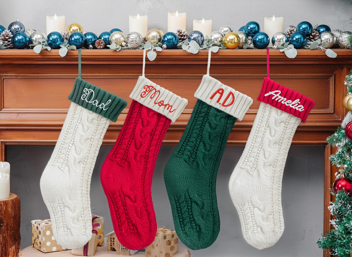 Custom Knit Christmas Stocking, Embroidered Name, Family Xmas Decor