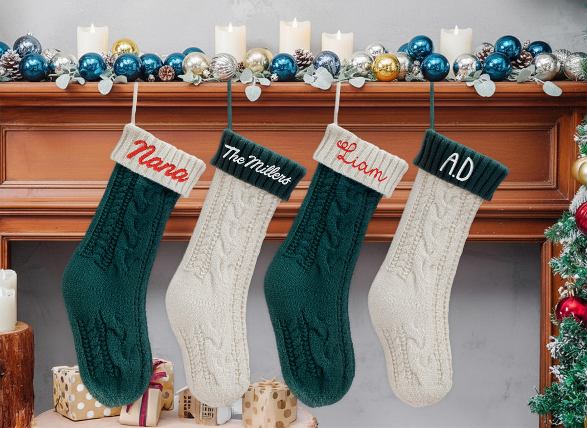 Custom Knit Christmas Stocking, Embroidered Name, Family Xmas Decor