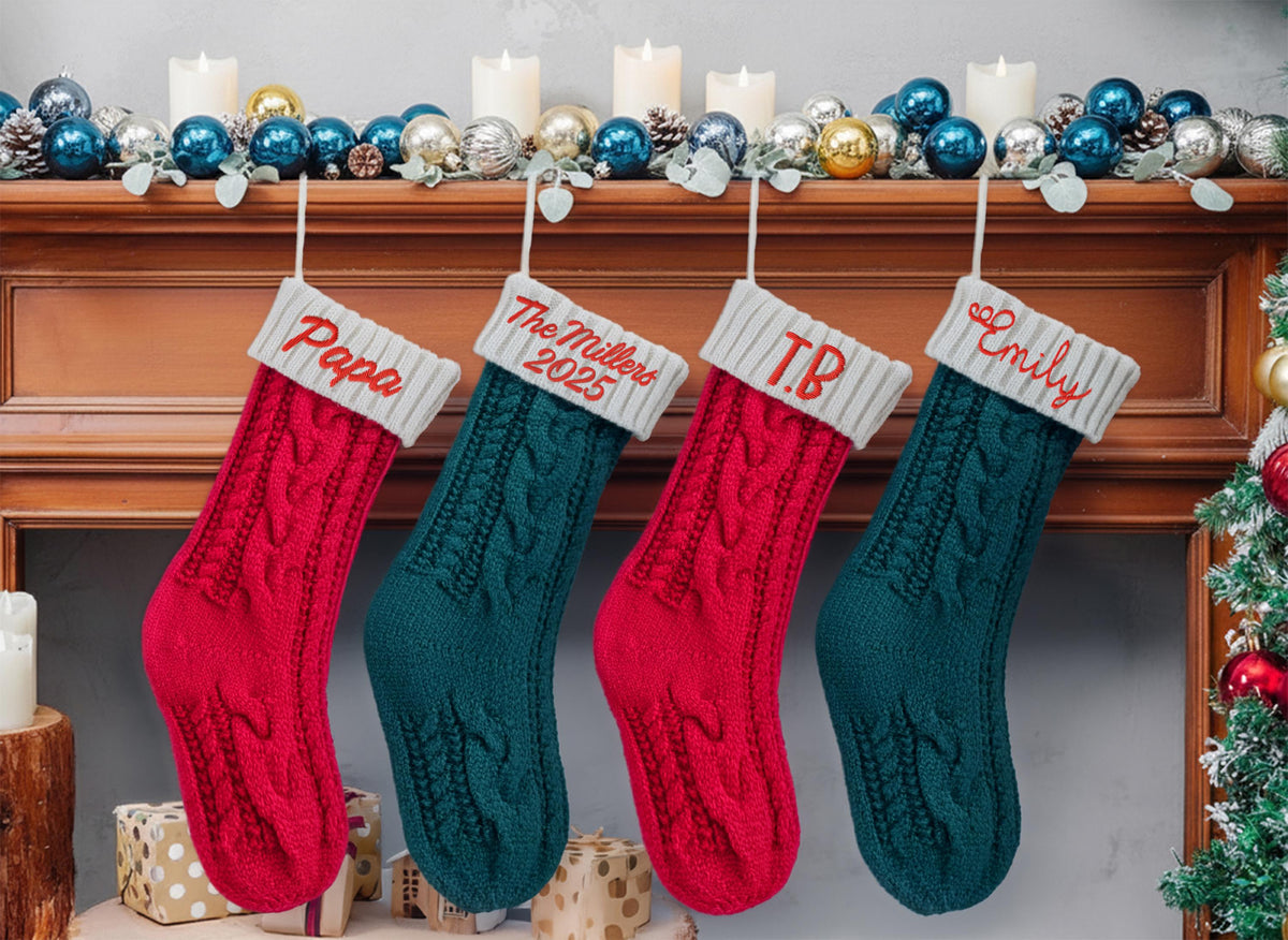 Custom Knit Christmas Stocking, Embroidered Name, Family Xmas Decor