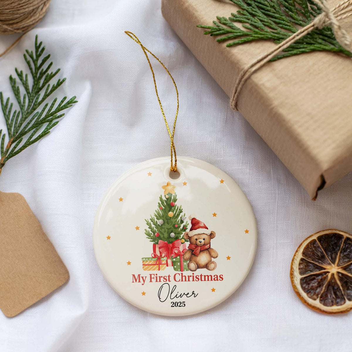 Personalized Baby’s First Christmas Ornament, Custom Baby Name Teddy Bear Ornament