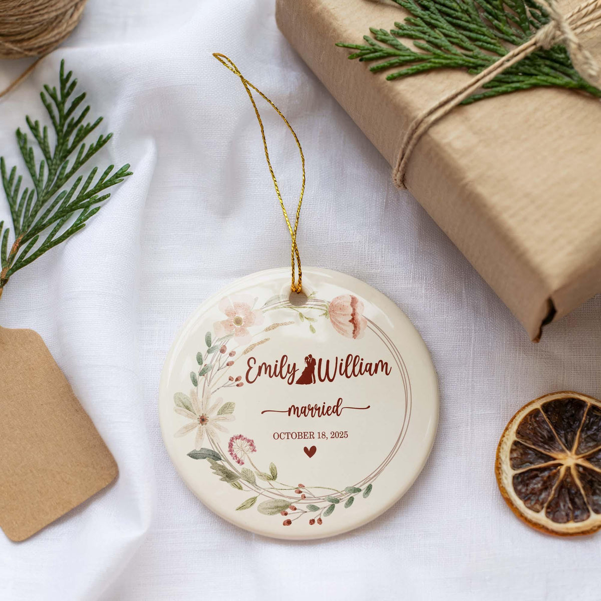 Personalized Wedding Ornament, Custom Name and Date Married Keepsake