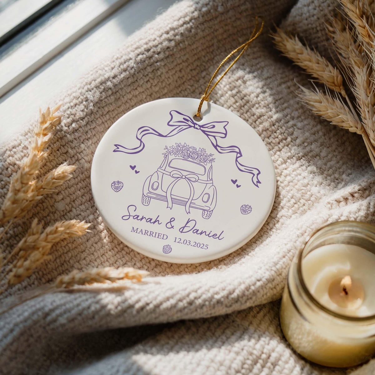 Personalized Wedding Car Design Married Ornament, Newlywed Names Ceramic Keepsake
