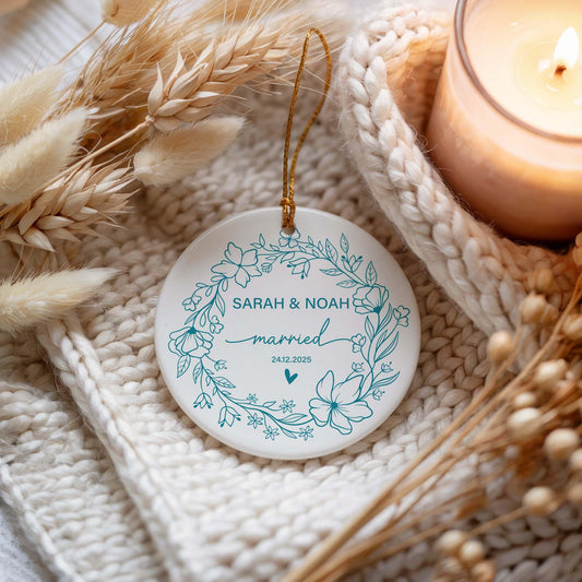Custom Name & Date Married Keepsake, Floral Wreath Ceramic Wedding Ornament