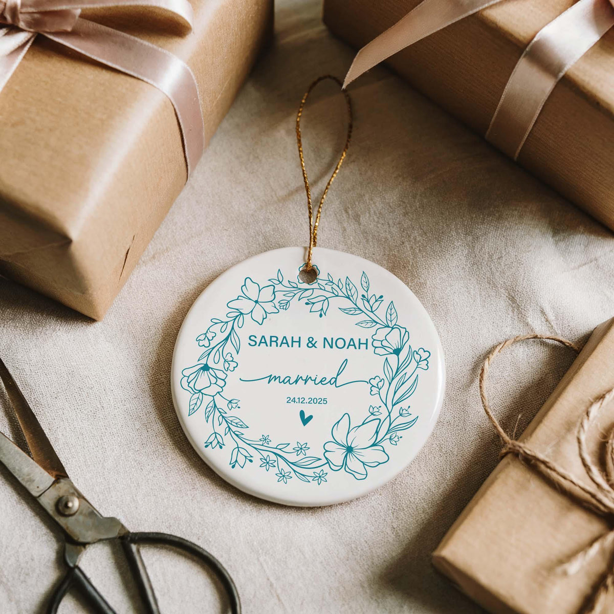 Custom Name & Date Married Keepsake, Floral Wreath Ceramic Wedding Ornament