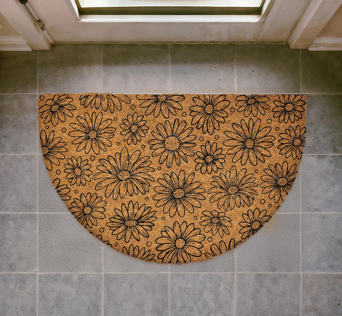 Daisy Flower Doormat, Natural Coir Welcome Mat, Minimalist Floral Entryway Rug