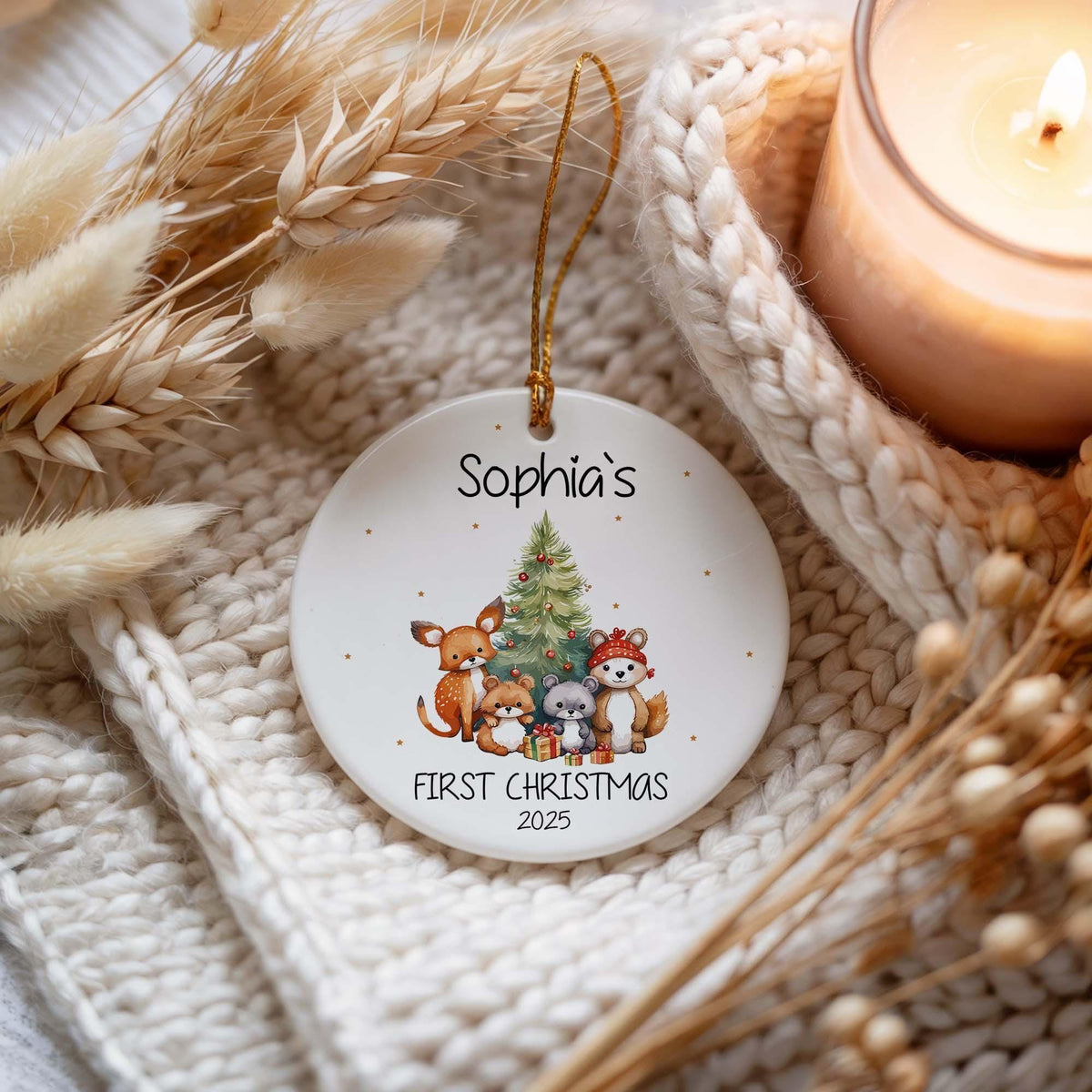 Custom Name Baby's First Christmas Ornament, Woodland Animal Design Ceramic Keepsake