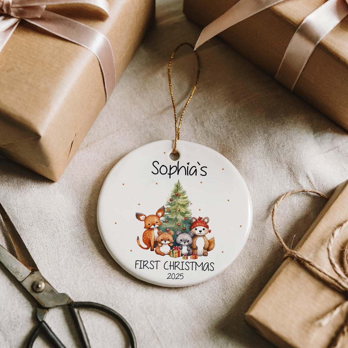 Custom Name Baby's First Christmas Ornament, Woodland Animal Design Ceramic Keepsake