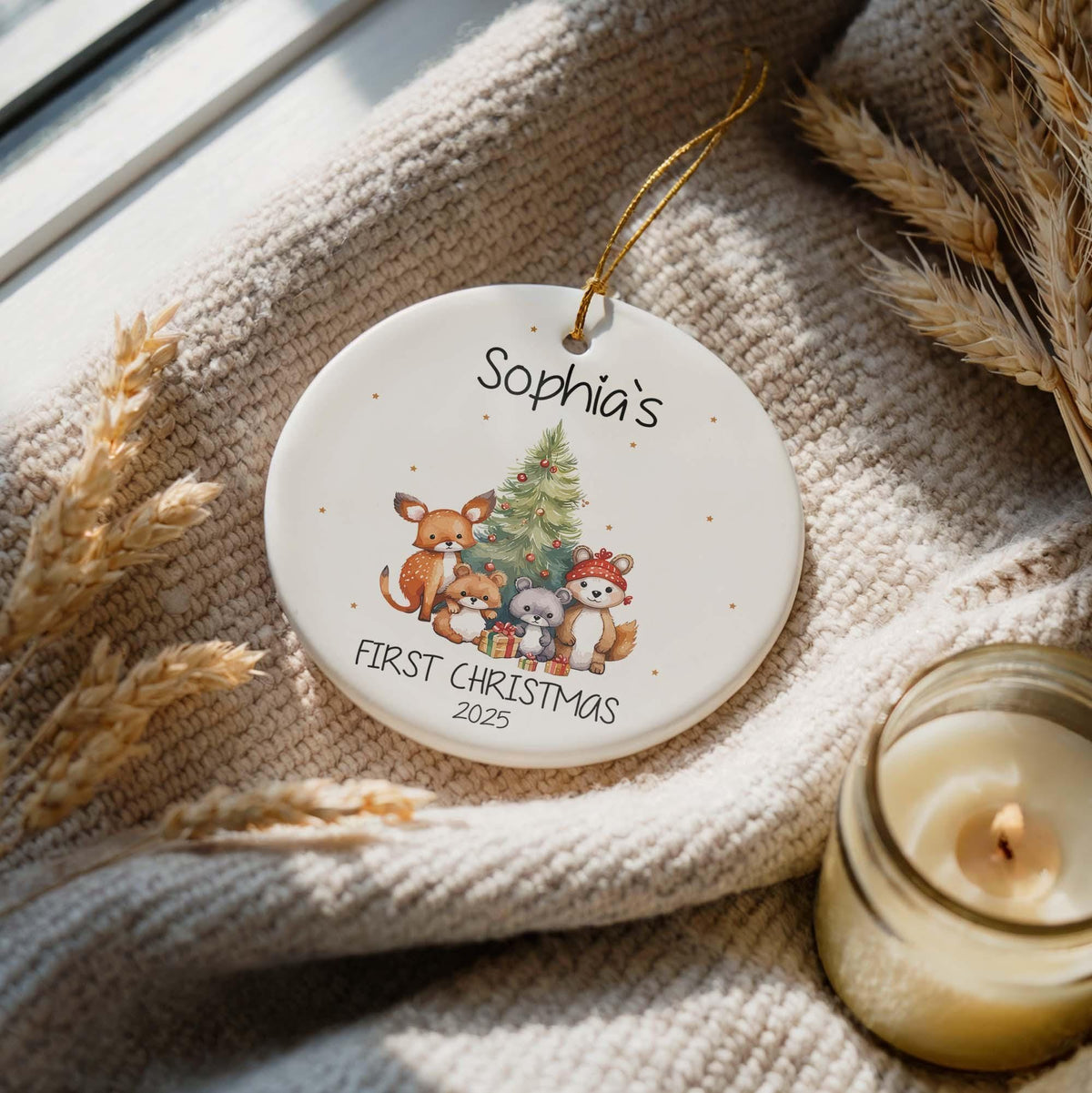 Custom Name Baby's First Christmas Ornament, Woodland Animal Design Ceramic Keepsake