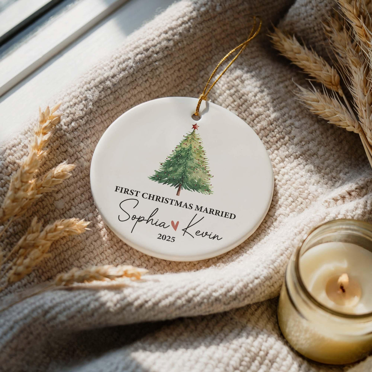 Personalized First Christmas Married Ornament, Custom Name Newlywed Holiday Keepsake