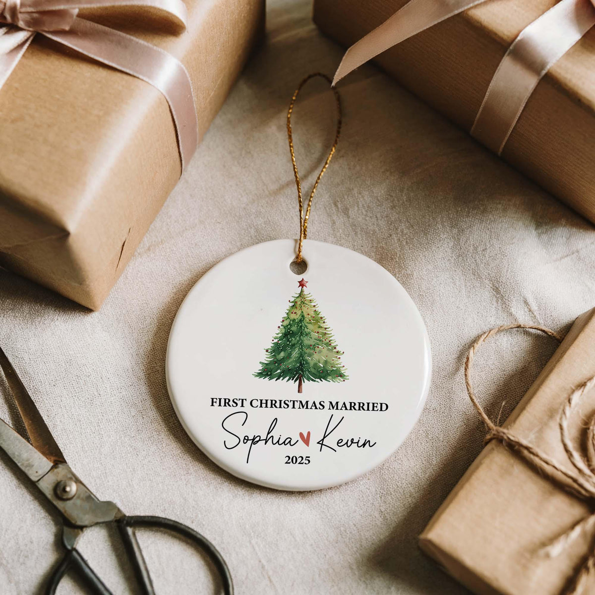 Personalized First Christmas Married Ornament, Custom Name Newlywed Holiday Keepsake
