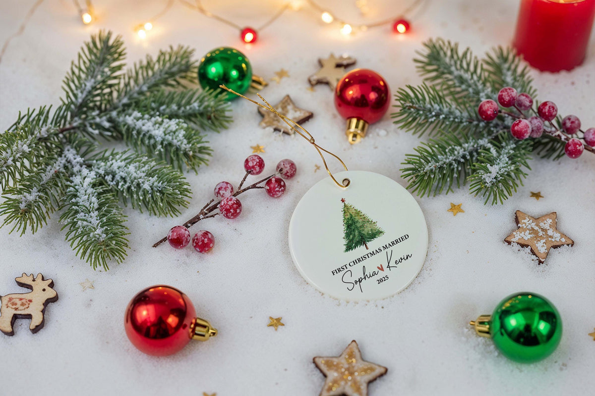 Personalized First Christmas Married Ornament, Custom Name Newlywed Holiday Keepsake