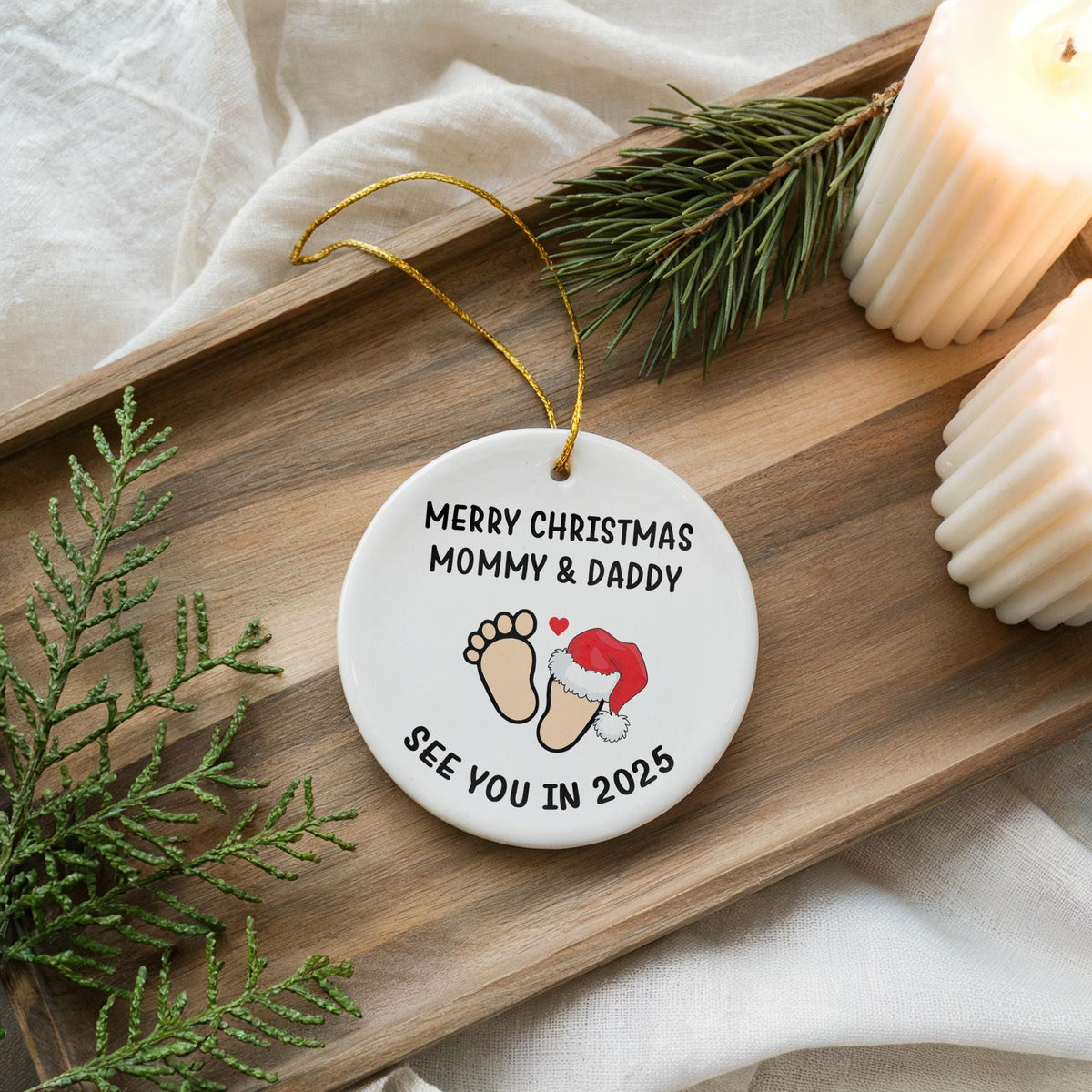Pregnancy Announcement Christmas Ornament, Ceramic Baby Reveal