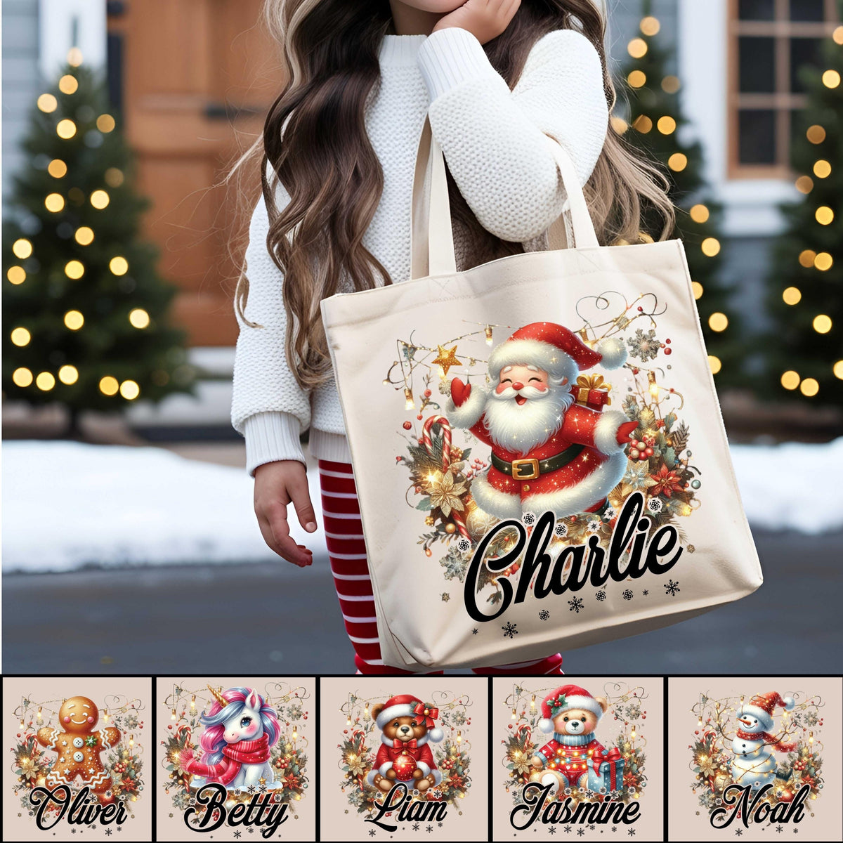 Personalized Christmas Family Matching Tote Bags, Custom Name Xmas Tote Bag Gifts, Customized Santa Snowman Penguin Reusable Canvas Bags