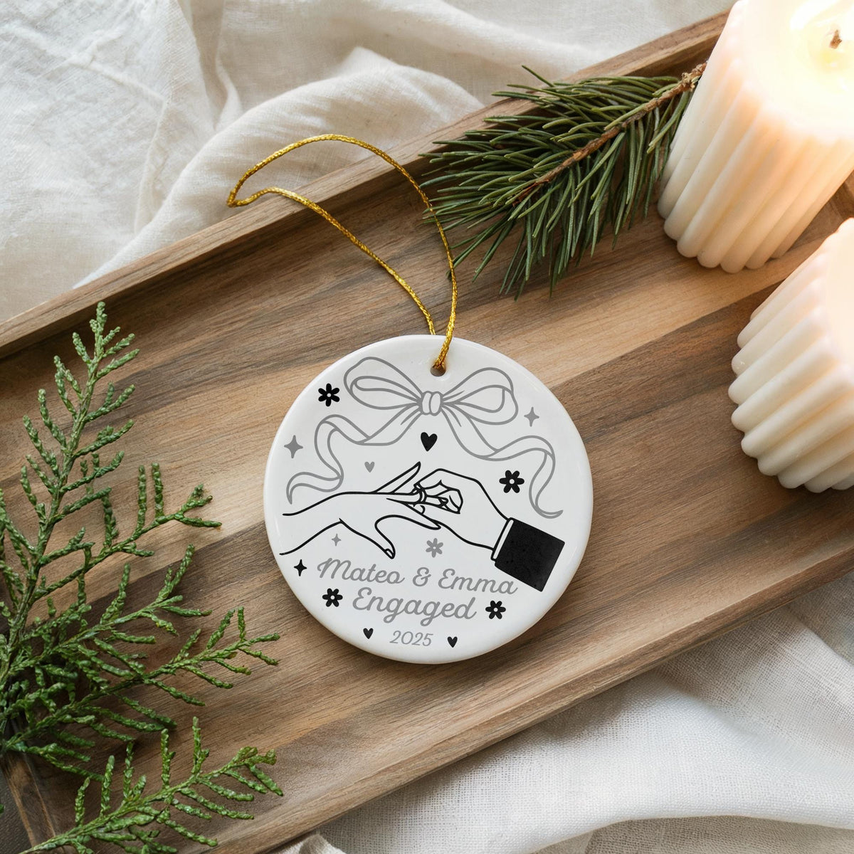 Personalized Engagement Ceramic Ornament, Custom Couple Names