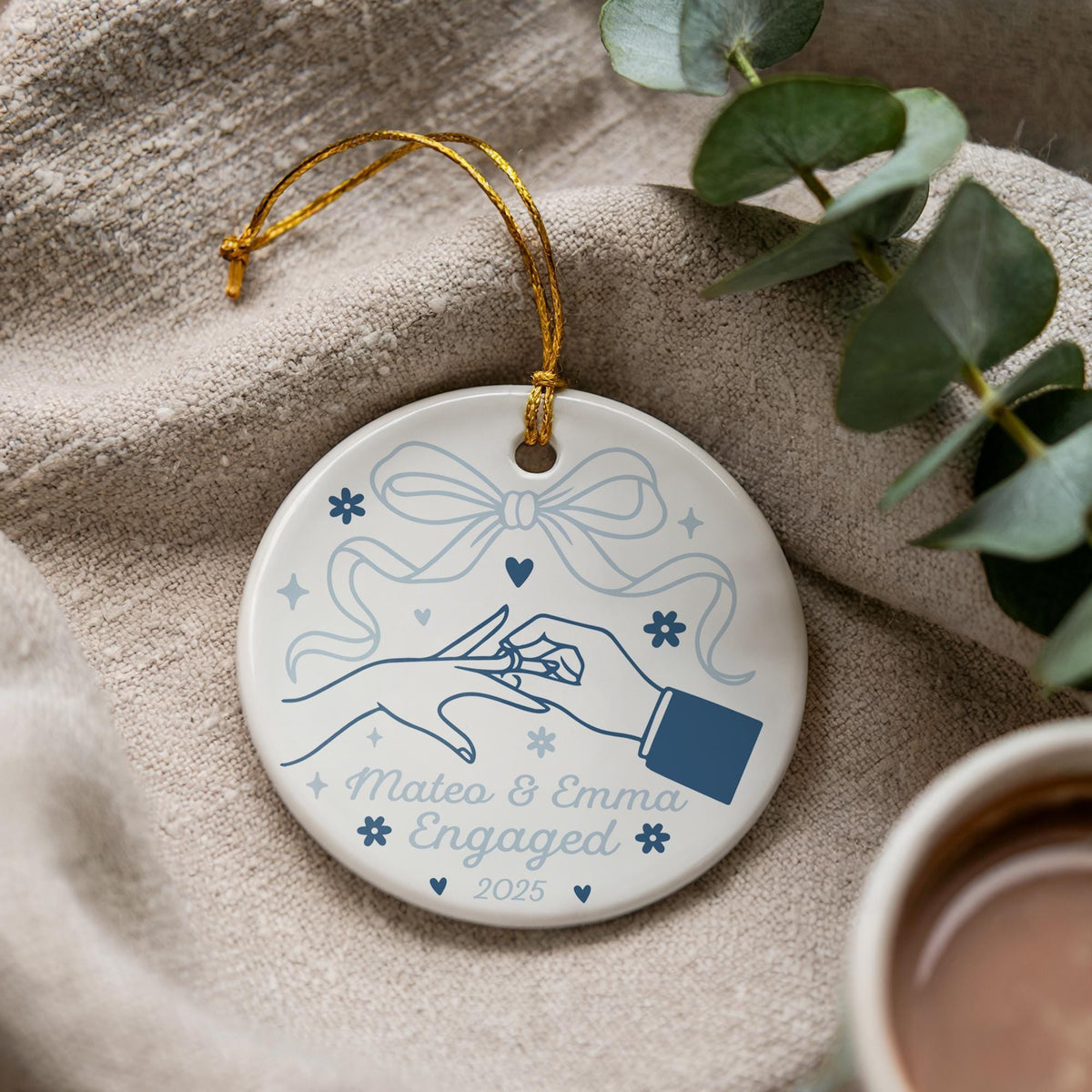 Personalized Engagement Ceramic Ornament, Custom Couple Names