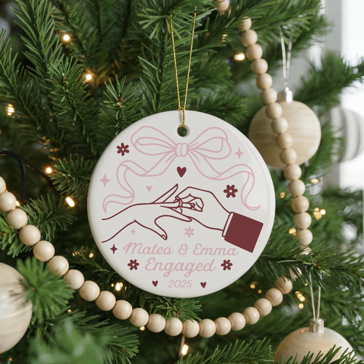 Personalized Engagement Ceramic Ornament, Custom Couple Names