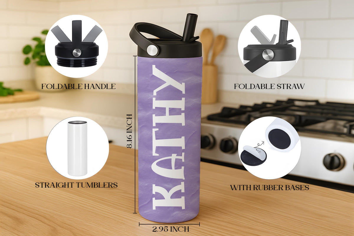 Customizable Kids Tumbler With Foldable Straw, Personalized Kids Water Bottle