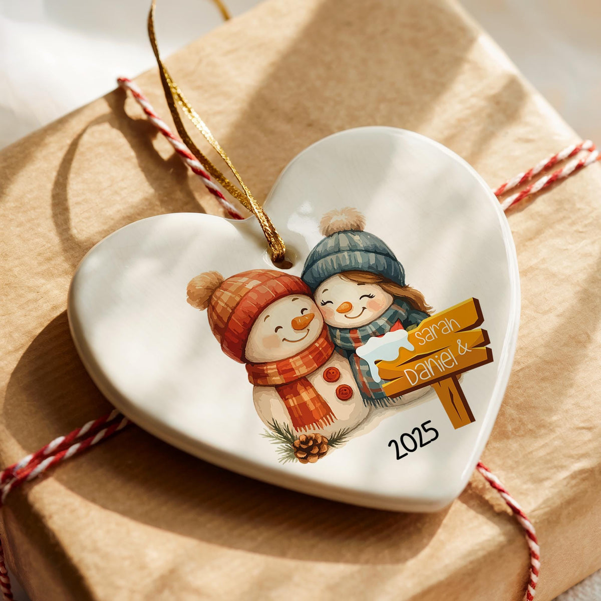 Personalized Ceramic Christmas Ornament, Snowman Couple Keepsake