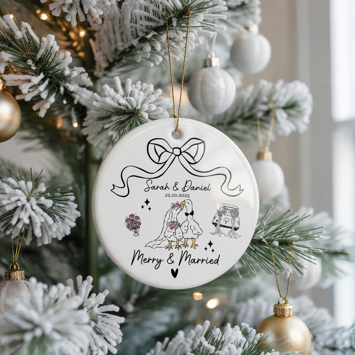 Personalized Newlywed Christmas Ornament, Goose Couple Ceramic Keepsake