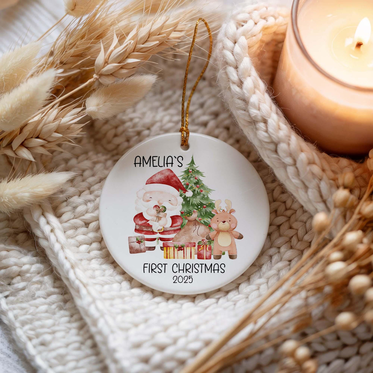 Personalized Baby's First Christmas Ornament, Custom Name Santa Design Newborn Holiday Keepsake