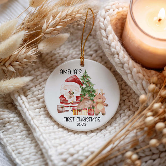 Personalized Baby's First Christmas Ornament, Custom Name Santa Design Newborn Holiday Keepsake