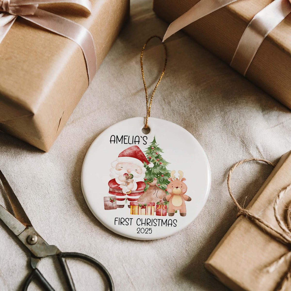 Personalized Baby's First Christmas Ornament, Custom Name Santa Design Newborn Holiday Keepsake