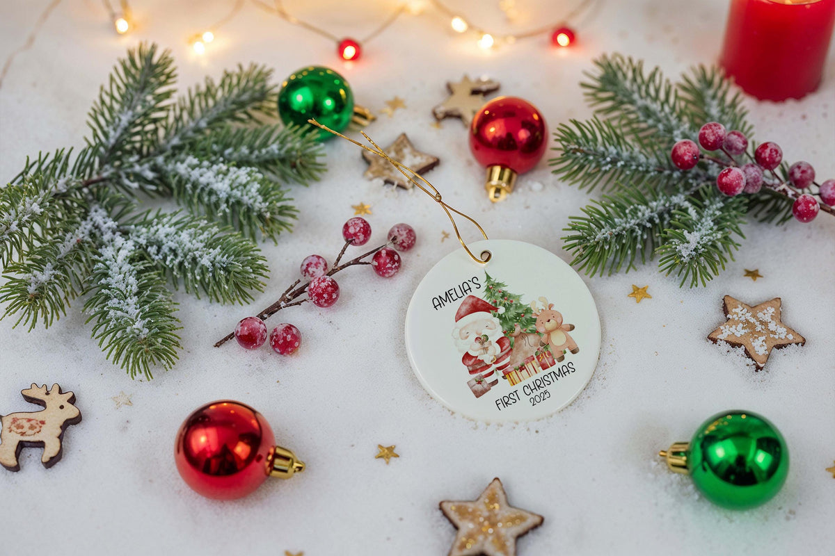 Personalized Baby's First Christmas Ornament, Custom Name Santa Design Newborn Holiday Keepsake