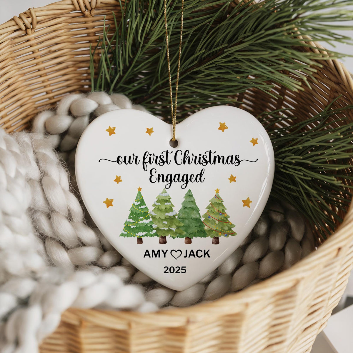 Personalized Our First Christmas Engaged Ornament, Heart Ceramic Keepsake