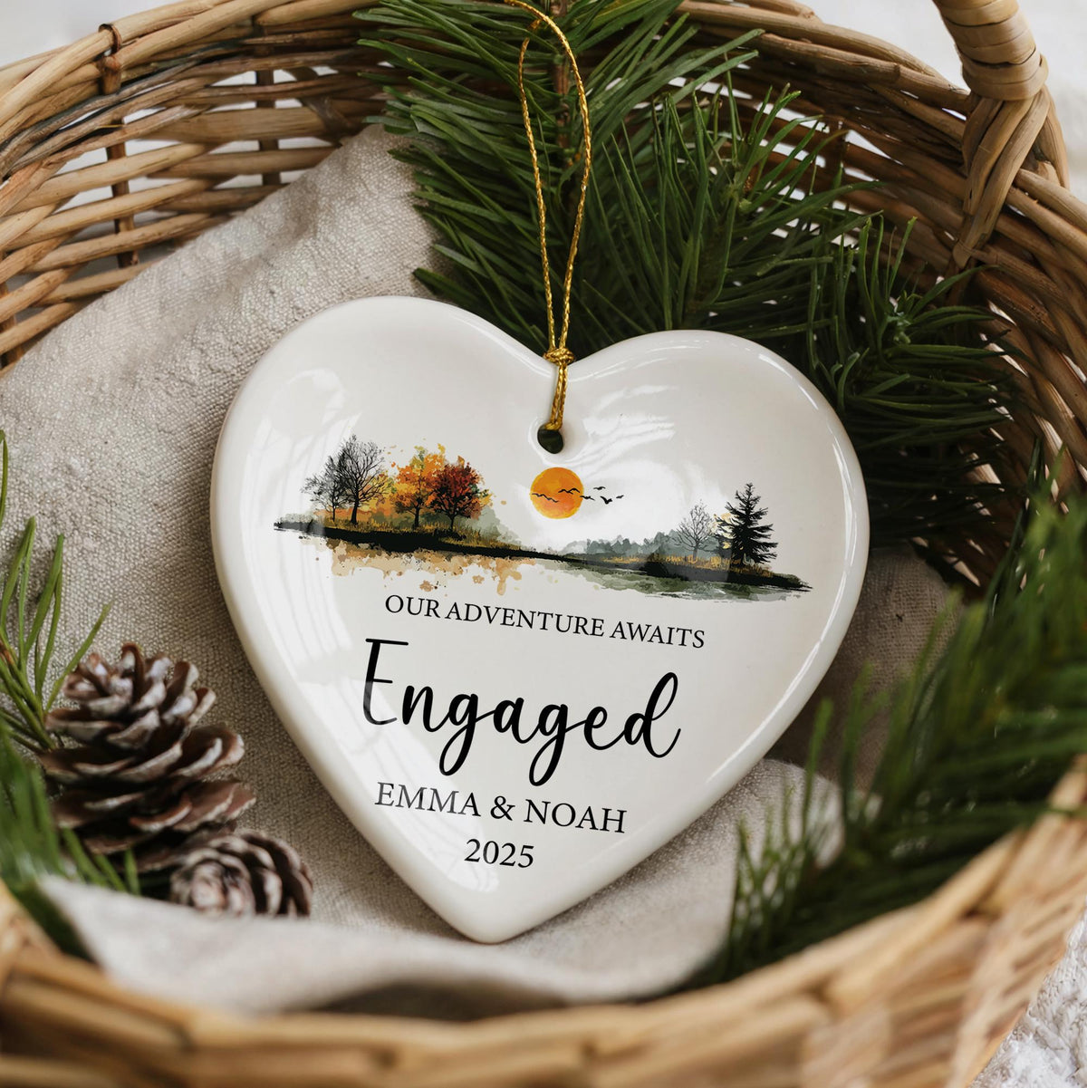 Personalized Engagement Ornament, Custom Ceramic Heart Keepsake