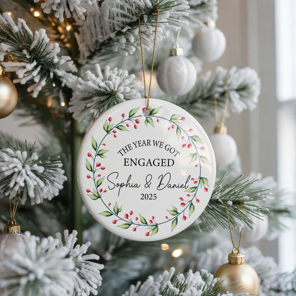 Personalized Engagement Christmas Ornament, Custom Ceramic Keepsake