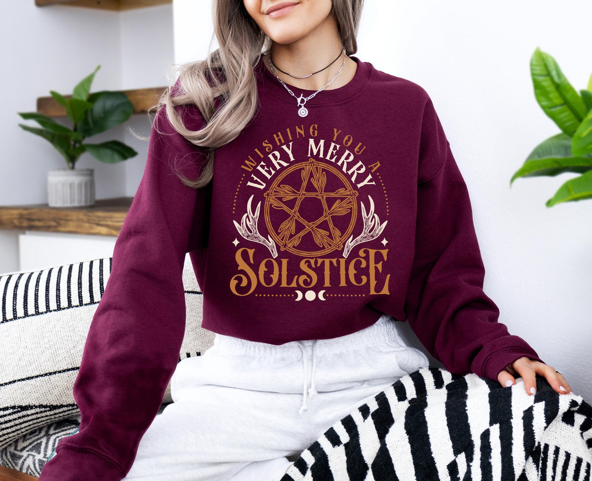 Wishing You A Very Merry Solstice Hoodie, Pagan Christmas Solstice Sweatshirt, Pentagram Winter Solstice Sweater, Witchy Friend Yule Gift