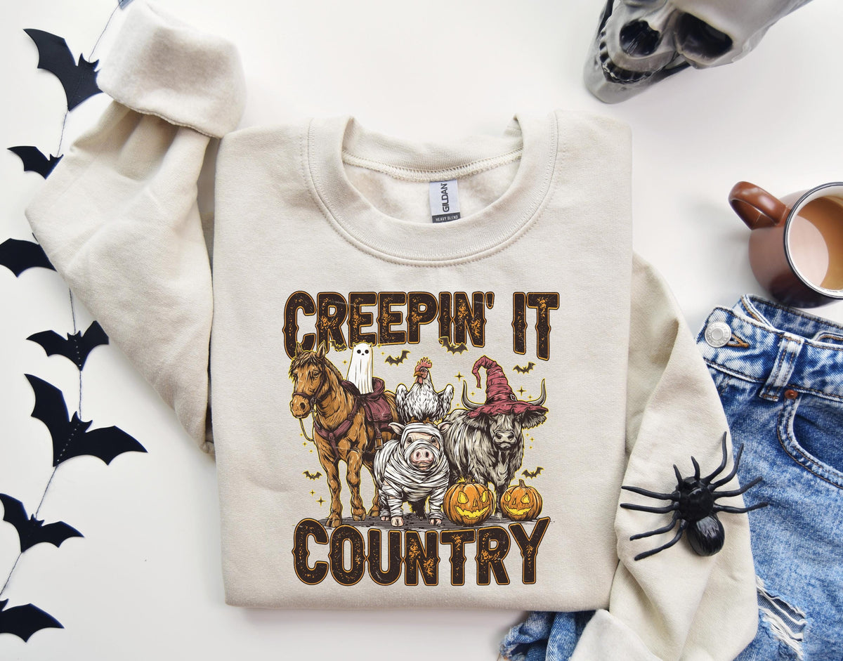Creepin' it Country Halloween Sweatshirt, Boo Crew Family Sweater, Spooky Western Hoodie, Spooky Vibes Gift, Boys Trip Halloween Crewneck