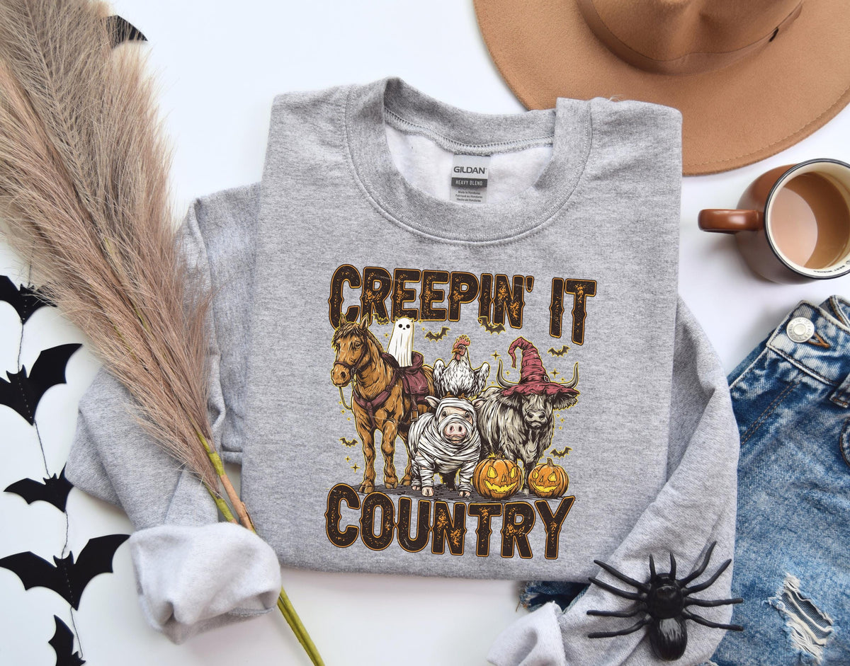 Creepin' it Country Halloween Sweatshirt, Boo Crew Family Sweater, Spooky Western Hoodie, Spooky Vibes Gift, Boys Trip Halloween Crewneck