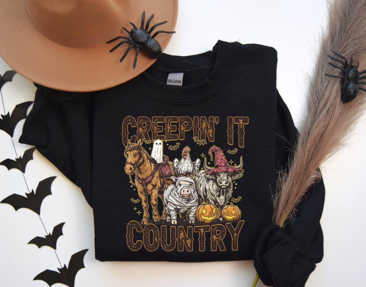 Creepin' it Country Halloween Sweatshirt, Boo Crew Family Sweater, Spooky Western Hoodie, Spooky Vibes Gift, Boys Trip Halloween Crewneck