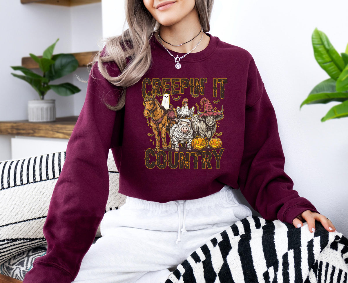 Creepin' it Country Halloween Sweatshirt, Boo Crew Family Sweater, Spooky Western Hoodie, Spooky Vibes Gift, Boys Trip Halloween Crewneck