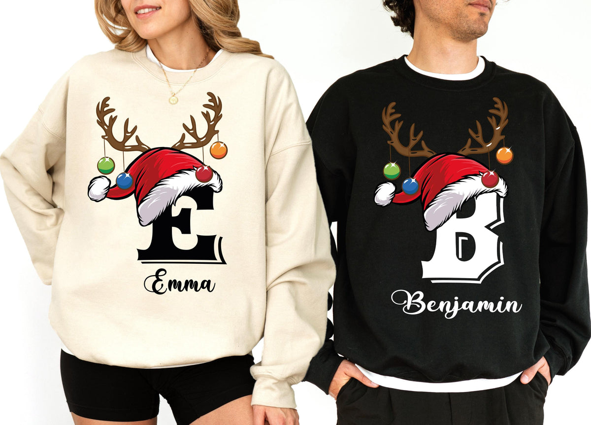 Custom Name Santa Hat Christmas Sweatshirt, Personalized Reindeer Antlers Holiday Hoodie, Couple Matching Sweater, Monogram Xmas Gift