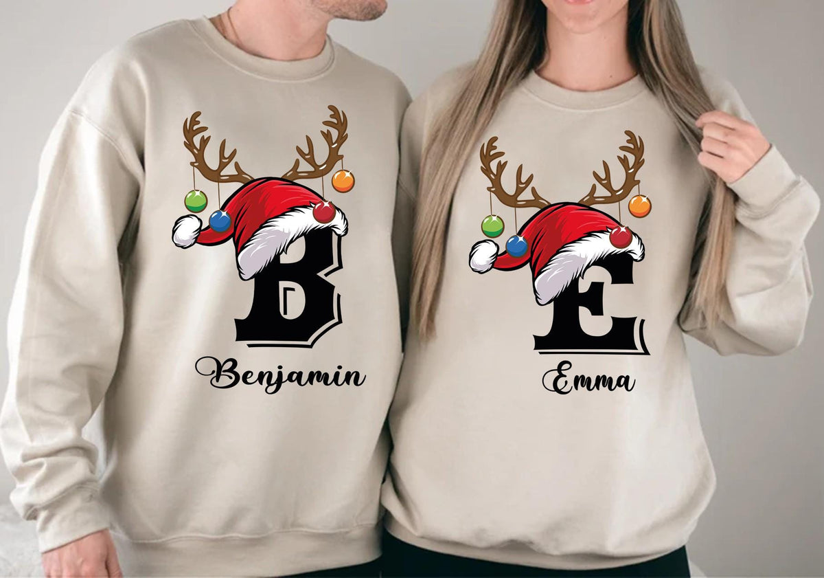 Custom Name Santa Hat Christmas Sweatshirt, Personalized Reindeer Antlers Holiday Hoodie, Couple Matching Sweater, Monogram Xmas Gift