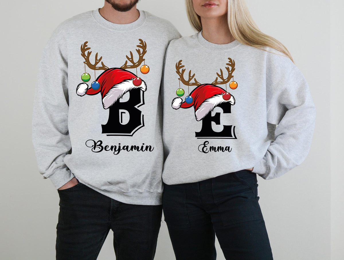 Custom Name Santa Hat Christmas Sweatshirt, Personalized Reindeer Antlers Holiday Hoodie, Couple Matching Sweater, Monogram Xmas Gift