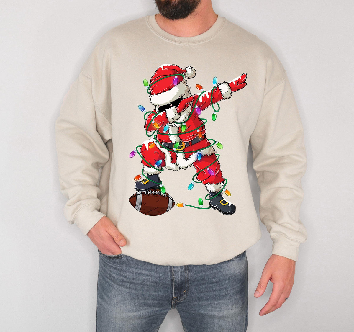 Dabbing Santa Christmas Sweatshirt, Football Santa Claus Hoodie, Xmas Tree Lights Sweater, Funny Holiday Gift, Winter Sport Season Sweat