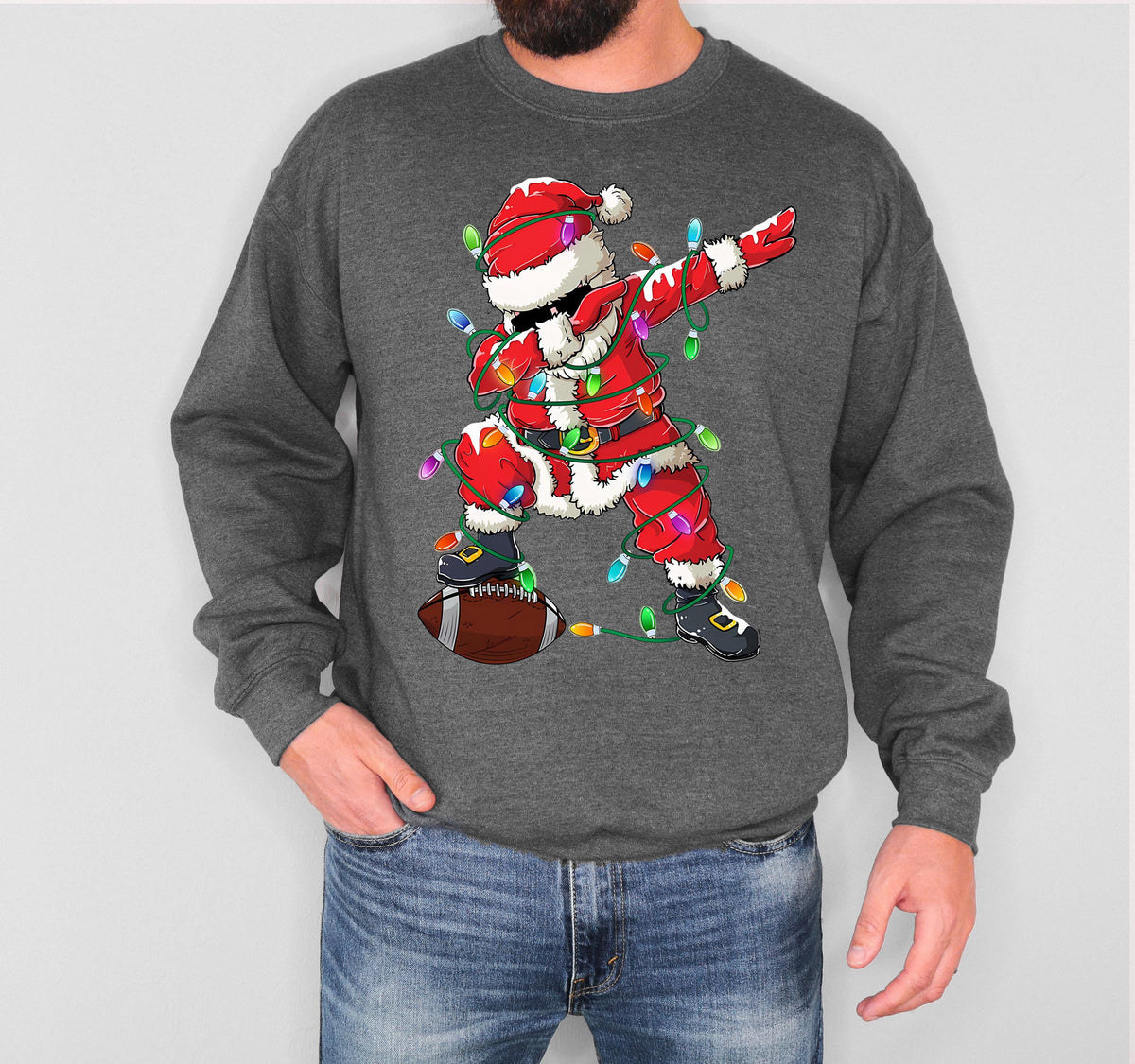 Dabbing Santa Christmas Sweatshirt, Football Santa Claus Hoodie, Xmas Tree Lights Sweater, Funny Holiday Gift, Winter Sport Season Sweat