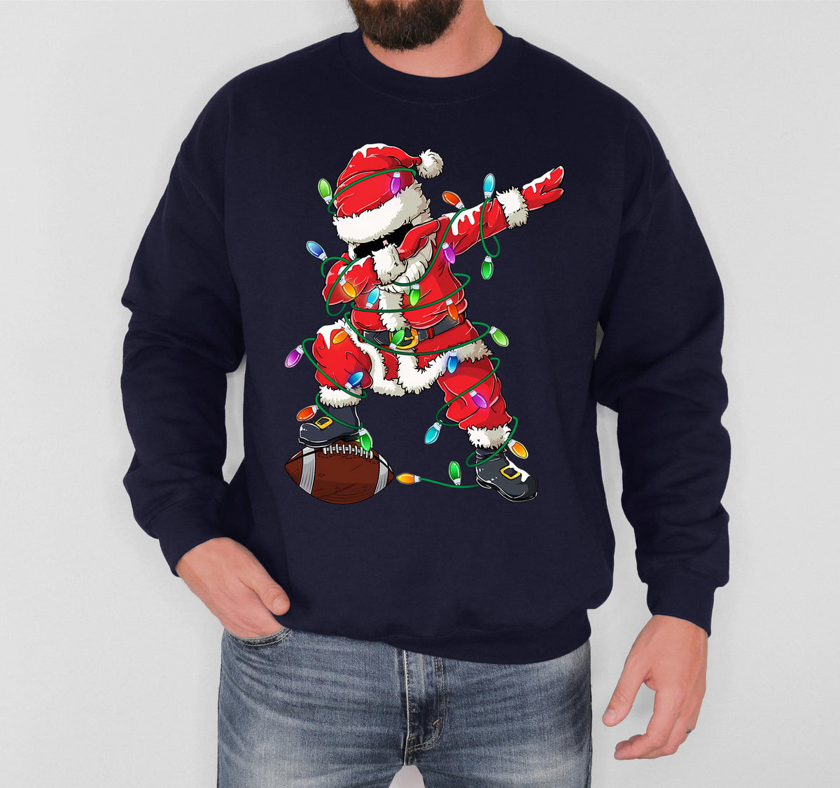 Dabbing Santa Christmas Sweatshirt, Football Santa Claus Hoodie, Xmas Tree Lights Sweater, Funny Holiday Gift, Winter Sport Season Sweat