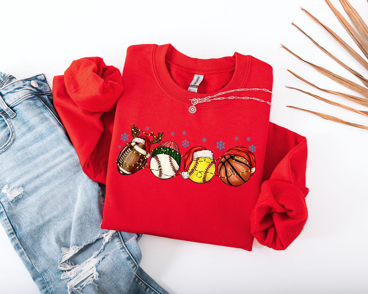 Christmas Festive Sports Fan Sweatshirt, Xmas Season Theme Sport Balls Hoodie, Christmas Festive Sport Mom Sweater, Sport Lover Xmas Gift