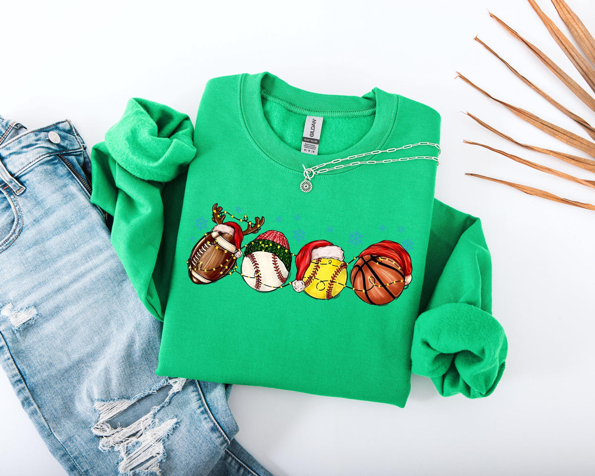 Christmas Festive Sports Fan Sweatshirt, Xmas Season Theme Sport Balls Hoodie, Christmas Festive Sport Mom Sweater, Sport Lover Xmas Gift