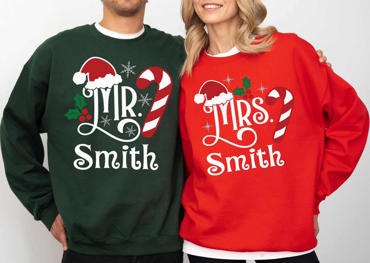 Santa Mr and Mrs Christmas Family Sweatshirt, Custom Couple Christmas Matching Sweater, Xmas Holiday Hoodie, Husband & Wife Xmas Party Sweat